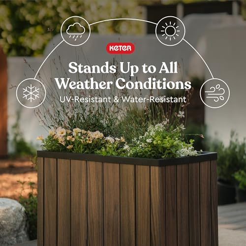 Keter Signature 21.7 Inch Tall Rectangular Large Wood Look Planter for Indoor or Outdoor Flower Pot Ideal for Patio Deck and Front Porch Decor, Rosewood - Image 3