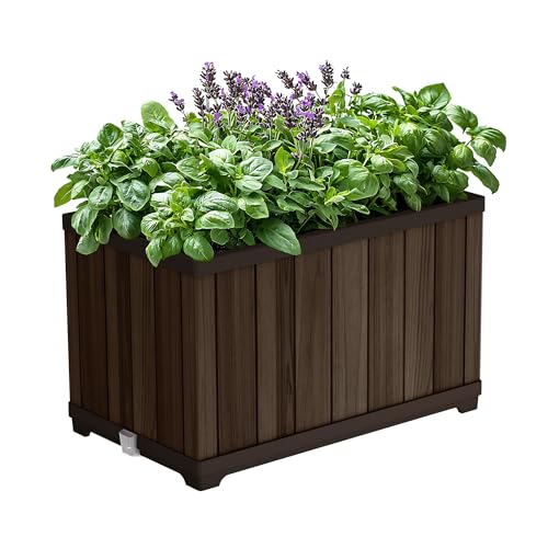 Keter Signature 21.7 Inch Tall Rectangular Large Wood Look Planter for Indoor or Outdoor Flower Pot Ideal for Patio Deck and Front Porch Decor, Rosewood - Image 1