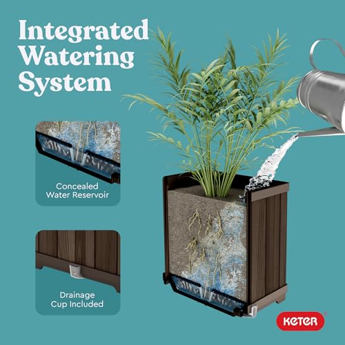 Keter Signature 21.7 Inch Tall Rectangular Large Wood Look Planter for Indoor or Outdoor Flower Pot Ideal for Patio Deck and Front Porch Decor, Rosewood - Image 5