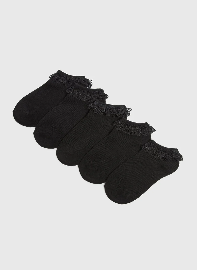 Matalan 5 Pack Girls Black Lace Trainer Socks
