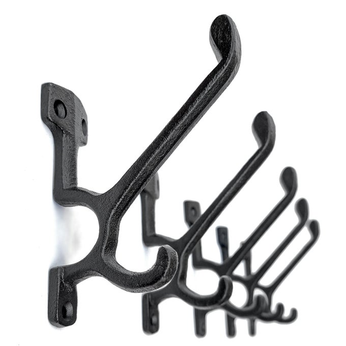 5 PACK DECORATIVE CAST IRON HEAVY DUTY DOUBLE HOOKS WALL MOUNTED COAT HOOKS VINTAGE INSPIRED ANTIQUE BLACK TYPE7 TYPE