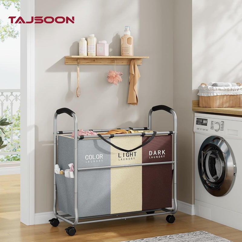 Tajsoon تاجسون () عربة ملابس بـ 3 أكياس، سلة تصنيف الملابس مزودة بعجلات قوية قابلة للقفل، منظم لسلال الملابس مع أكياس قابلة للإزالة، سلة لتخزين الملابس، الألوان: الرمادي + البيج + الأحمر - Image 2