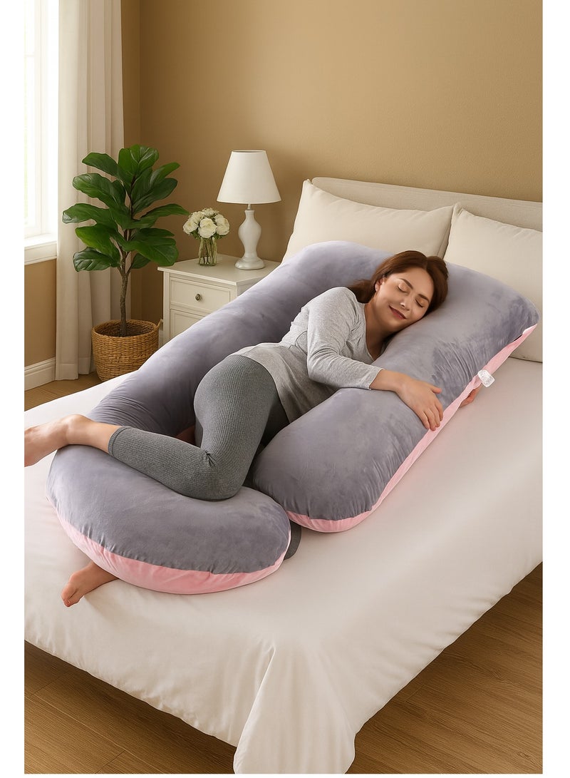 Zaprus ZAPRUS U-Shaped Pregnancy Pillow for Sleeping – Full Body Maternity Pillow with Removable & Washable Cover – Double-Sided Grey/Pink – Soft Cotton Filling – Support for Back, Belly, Hips & Legs – For Pregnant Women & Side Sleepers  - Image 1