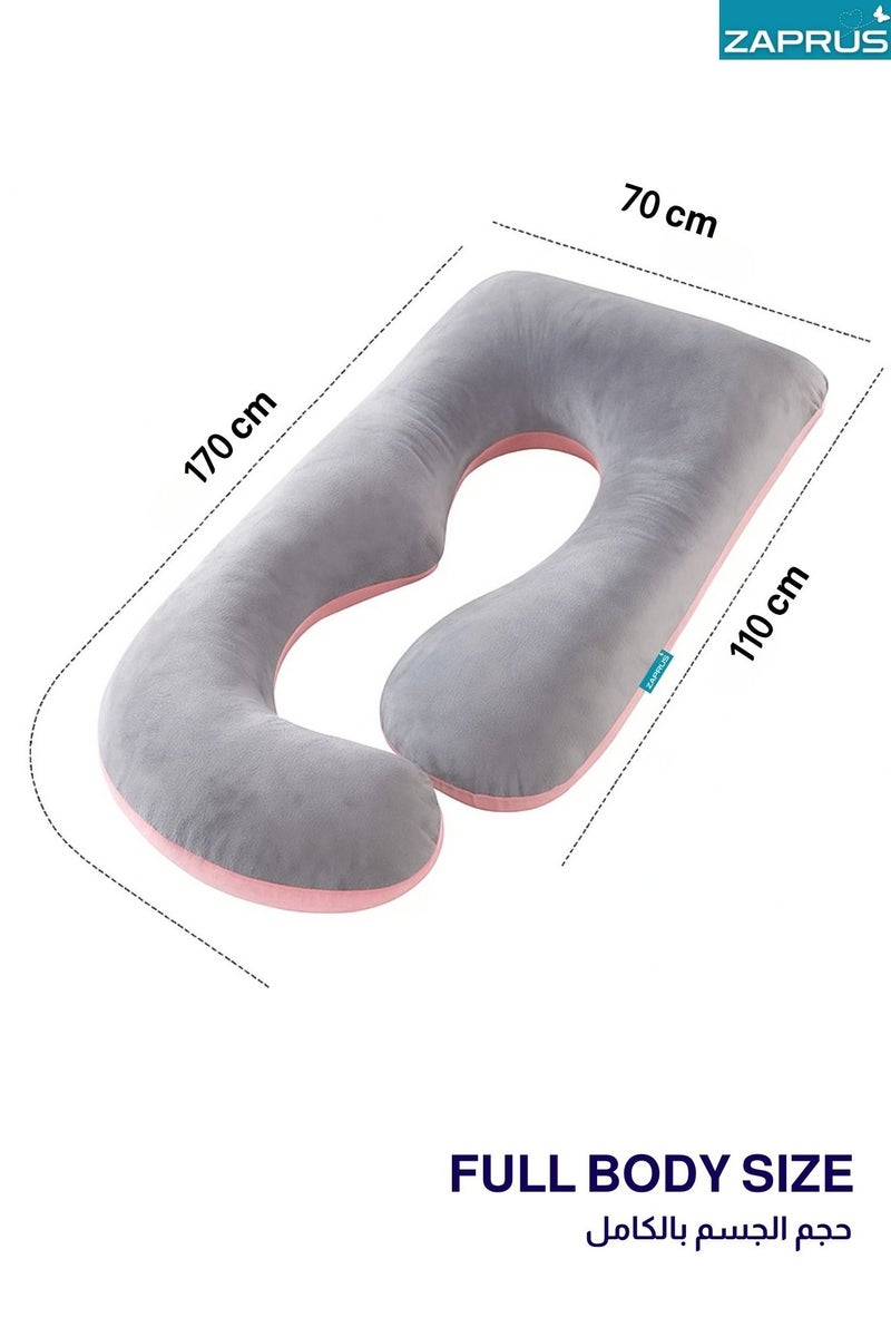 Zaprus ZAPRUS U-Shaped Pregnancy Pillow for Sleeping – Full Body Maternity Pillow with Removable & Washable Cover – Double-Sided Grey/Pink – Soft Cotton Filling – Support for Back, Belly, Hips & Legs – For Pregnant Women & Side Sleepers  - Image 5