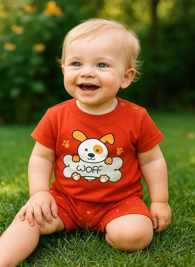 Toddylon Baby Co Ord Set Cotton Half Sleeve Tshirt With Shoulder Snap Button And Shorts Cute Printed Summer Casual Daily Wear Clothing Sets (Red, 6-9 Months) - Image 2