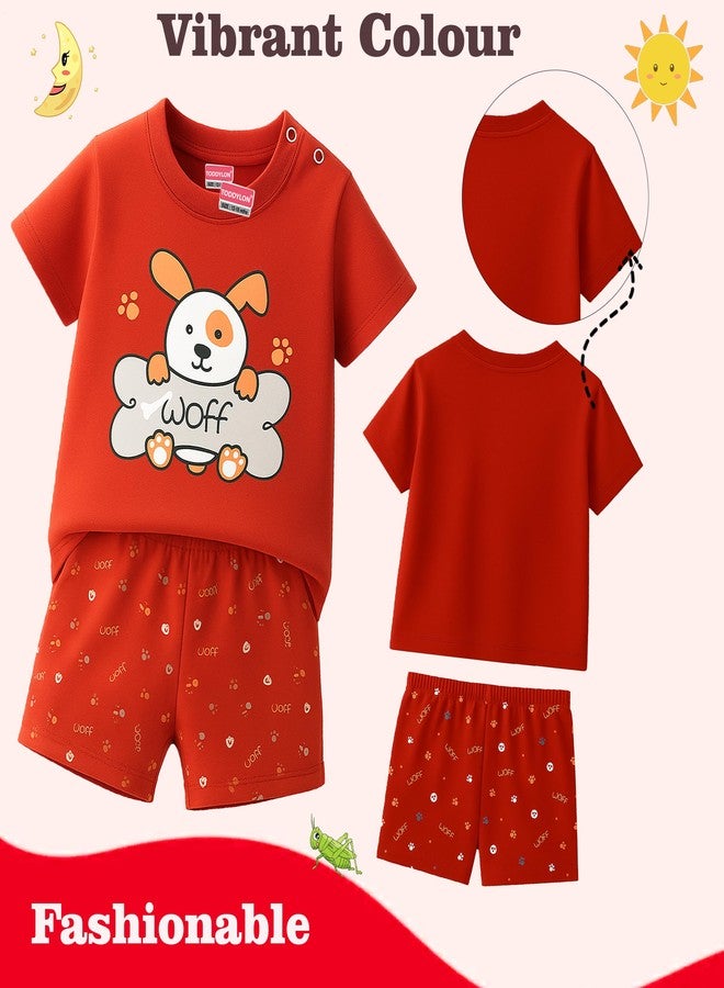 Toddylon Baby Co Ord Set Cotton Half Sleeve Tshirt With Shoulder Snap Button And Shorts Cute Printed Summer Casual Daily Wear Clothing Sets (Red, 6-9 Months) - Image 4