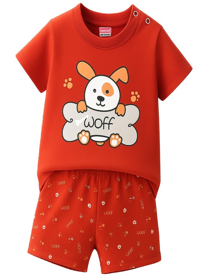 Toddylon Baby Co Ord Set Cotton Half Sleeve Tshirt With Shoulder Snap Button And Shorts Cute Printed Summer Casual Daily Wear Clothing Sets (Red, 6-9 Months) - Image 1