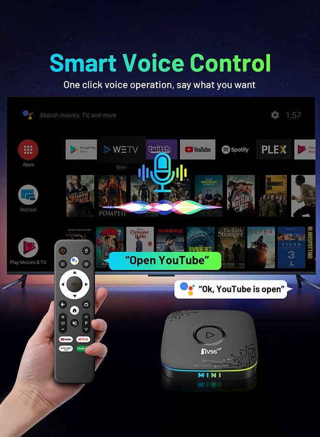 تلفزيون جهاز تلفاز ذكي 8K Smart TV Box Android 14 Quad Core ARM Cortex A53 مع 2.4G/5G Wifi6 وجهاز تحكم عن بعد مع ضوء تنفس مضيء - Image 3