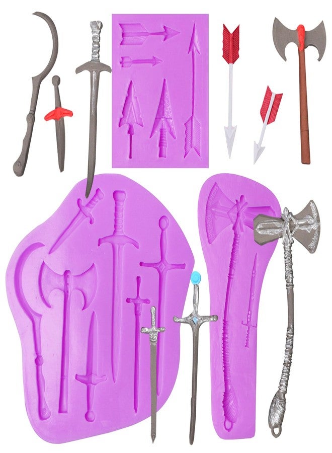 acvcatto Sword Silicone Molds 3-Pieces, Weapon Axe Arrow Battle Fondant Molds for Cake Decorating, Candy Chocolate, Sugar Craft, Cupcake Toppers, Epoxy Resin Crafts, Clay Projects, Gypsum - Image 1