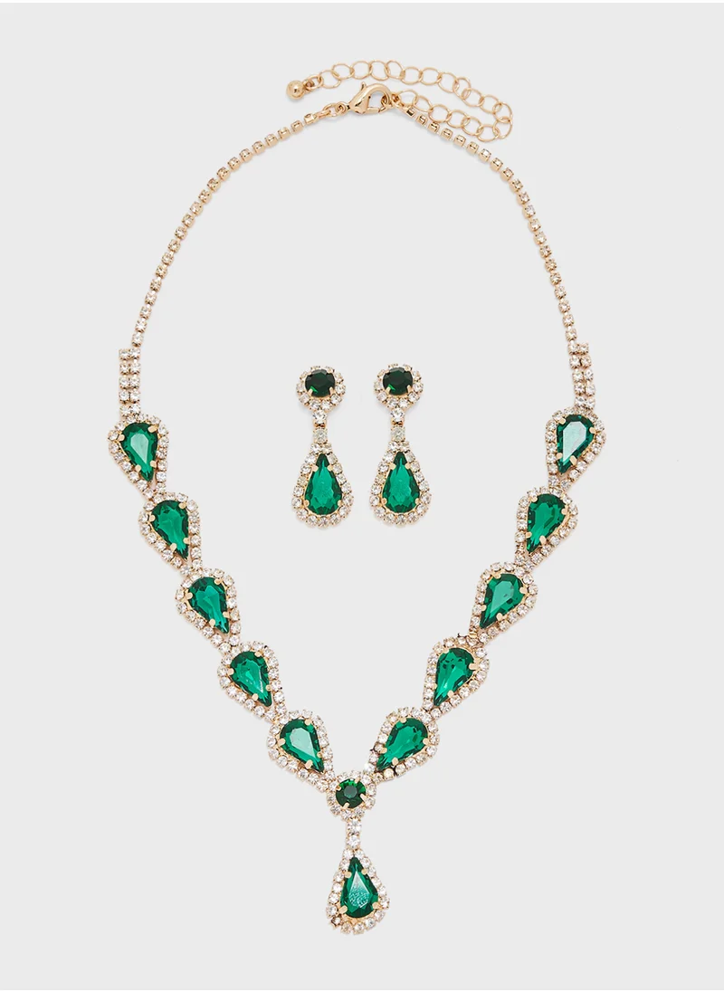 خزانة Stone Detail Necklace  & Drop Earrings Set