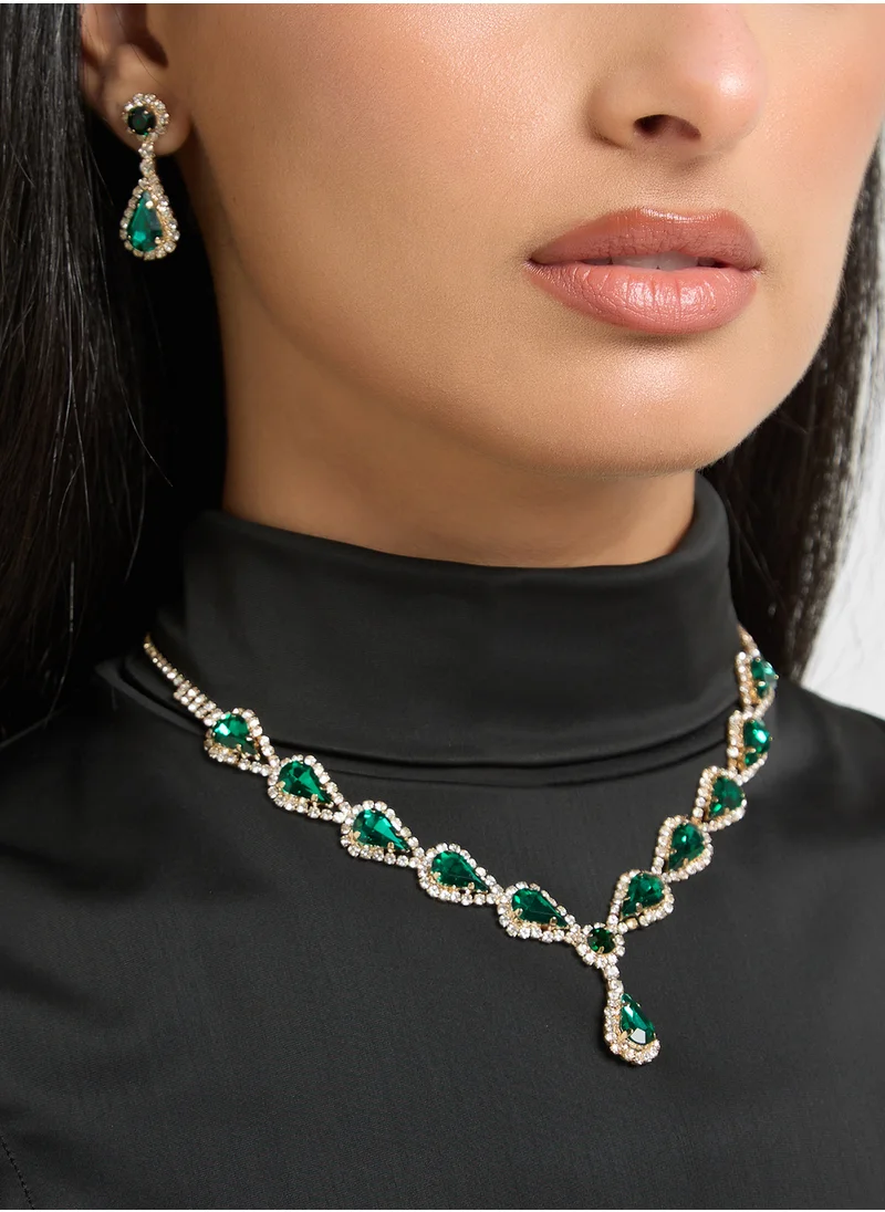 خزانة Stone Detail Necklace  & Drop Earrings Set