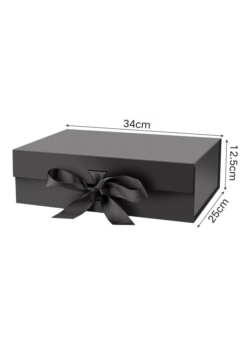 إيزي صندوق هدايا أسود مع شريط ، 34x25x12.5 سم صناديق هدايا فاخرة للهدايا مع أغطية الإغلاق المغناطيسي مستطيل قابل للطي للمهرجان والذكرى السنوية وعيد الميلاد هدية التعبئة والتغليف - Image 2