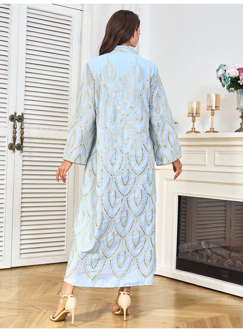 Kaiyuede Abaya Eid Wedding Light Sky Blue Gold Mirror Sequin Peacock Embroidery Tassel Mandarin Collar V-Neck Full Coverage S-XL - Image 3
