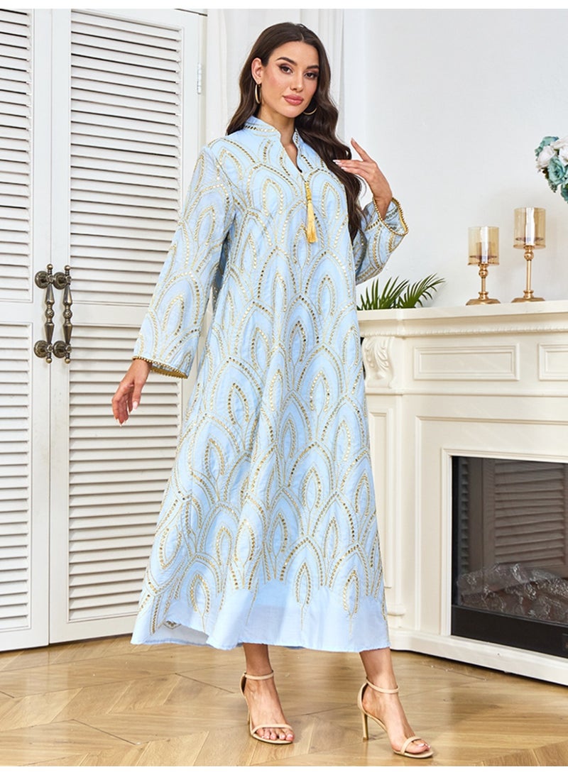 Kaiyuede Abaya Eid Wedding Light Sky Blue Gold Mirror Sequin Peacock Embroidery Tassel Mandarin Collar V-Neck Full Coverage S-XL - Image 1