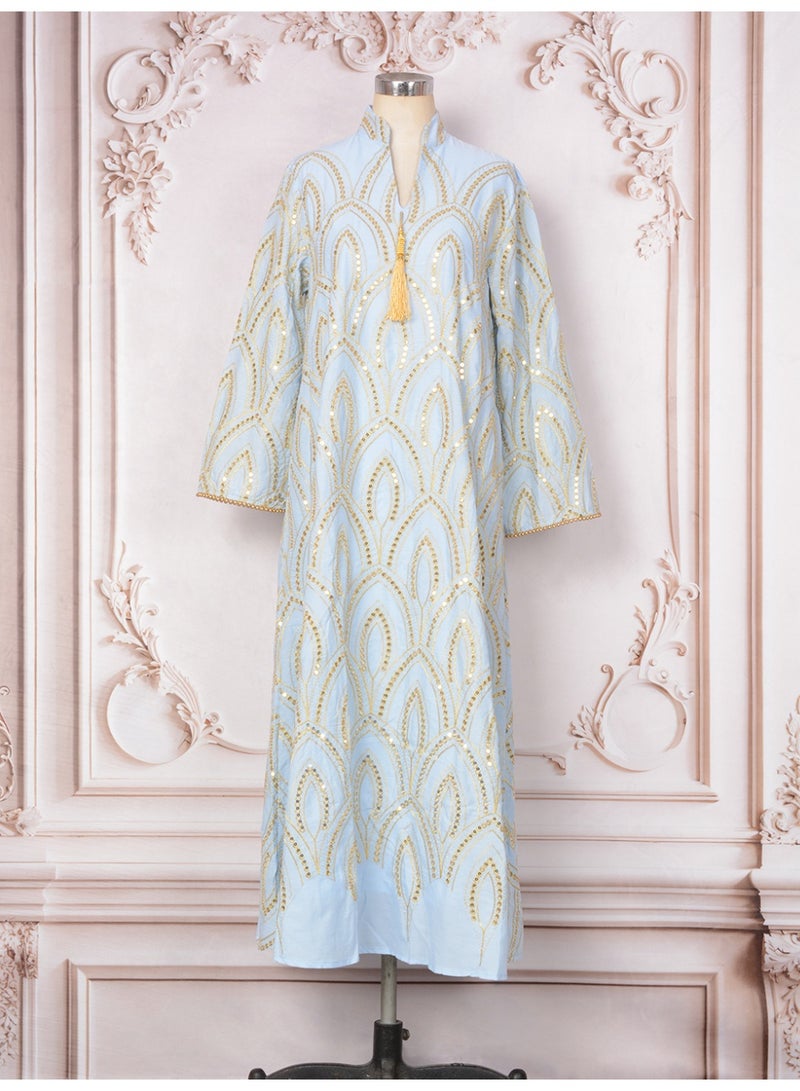 Kaiyuede Abaya Eid Wedding Light Sky Blue Gold Mirror Sequin Peacock Embroidery Tassel Mandarin Collar V-Neck Full Coverage S-XL - Image 5