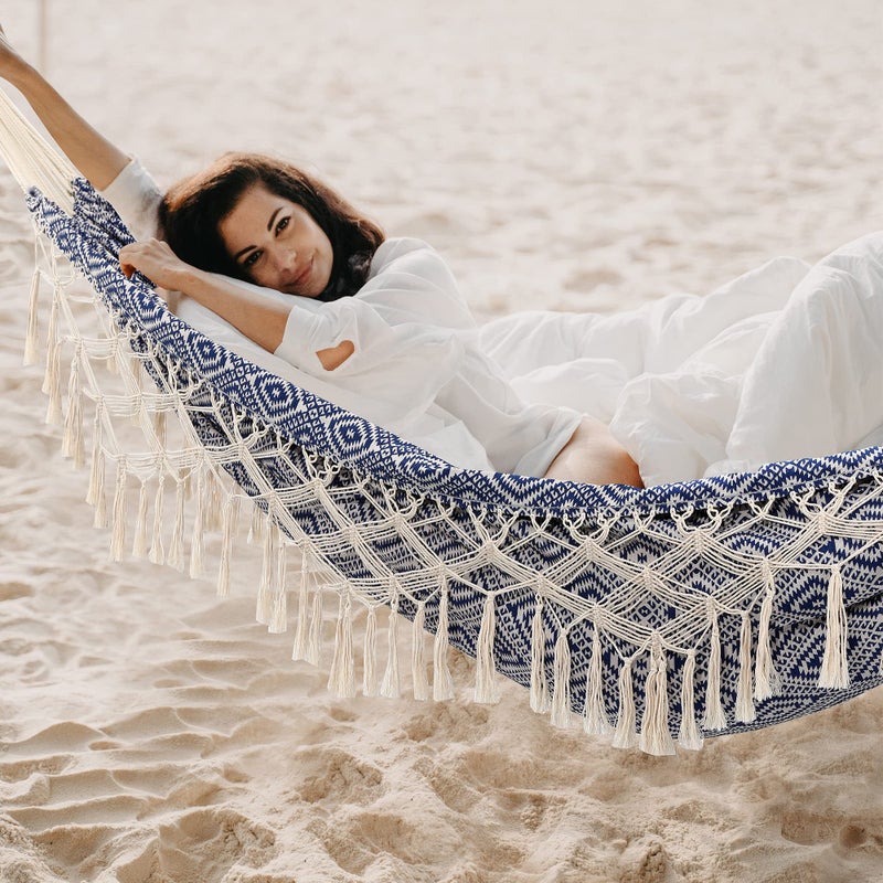 ROOITY Backyard Hammock with Tassels,Garden Hammocks with Portable Carry,Bag Deluxe Macrame Fringe for Patio,Garden,Backyard,Beach,Outdoor and Indoor Porch Fabric, Up to 450Lbs (Blue-Diamond) - Image 5
