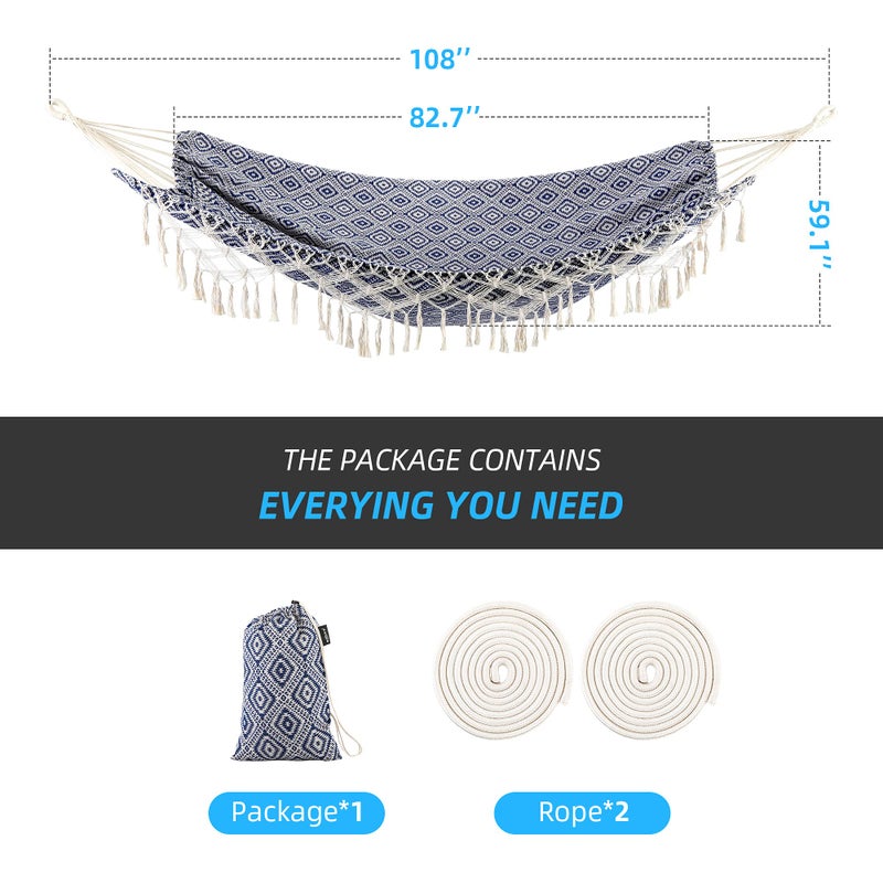 ROOITY Backyard Hammock with Tassels,Garden Hammocks with Portable Carry,Bag Deluxe Macrame Fringe for Patio,Garden,Backyard,Beach,Outdoor and Indoor Porch Fabric, Up to 450Lbs (Blue-Diamond) - Image 2