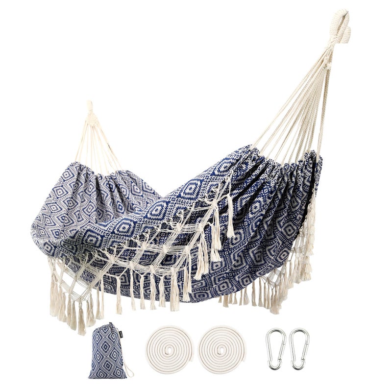 ROOITY Backyard Hammock with Tassels,Garden Hammocks with Portable Carry,Bag Deluxe Macrame Fringe for Patio,Garden,Backyard,Beach,Outdoor and Indoor Porch Fabric, Up to 450Lbs (Blue-Diamond) - Image 1