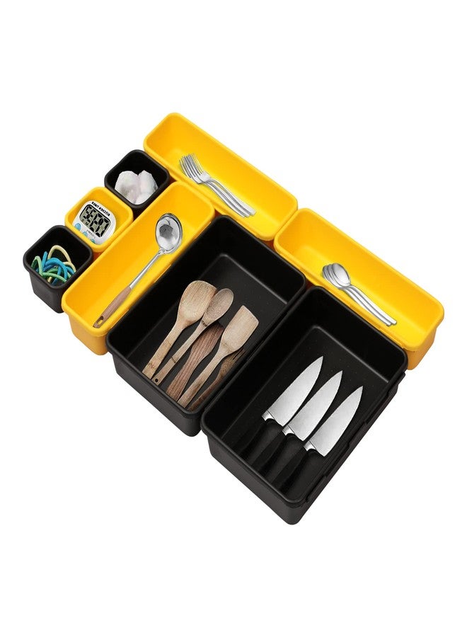 Cutting EDGE Interlocking Drawer Organizer Set of 8, Divider/Separator Plastic Trays for Flatware, Cutlery & Desk Storage for Household, Kitchen & Office (Black & Yellow) - Image 2