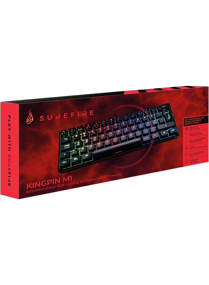 شور فاير لوحة مفاتيح الألعاب الميكانيكية SureFire Kingpin M1 60%، تصميم نورديك، لوحة مفاتيح ألعاب صغيرة الحجم وسهلة الحمل، مزودة بإضاءة RGB، ومفاتيح مضادة للظلال بنسبة 100%، وتصميم QWERTY إسكندنافي. - Image 2