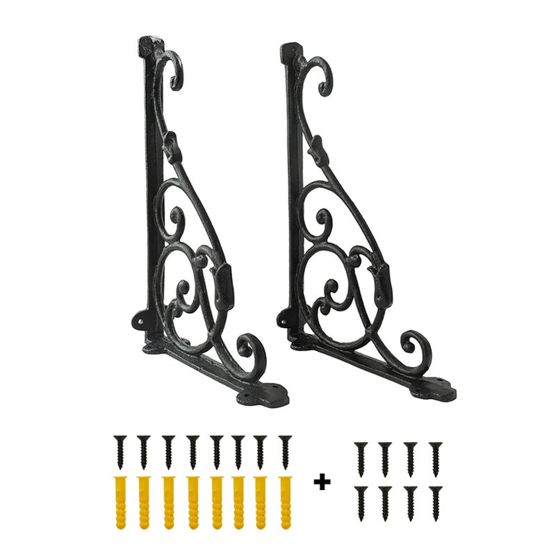 0moyi 2pcs Large Shelf Brackets Cast Iron Wall Mounted Vintage Decorative Retro Brackets Black Screws Included
