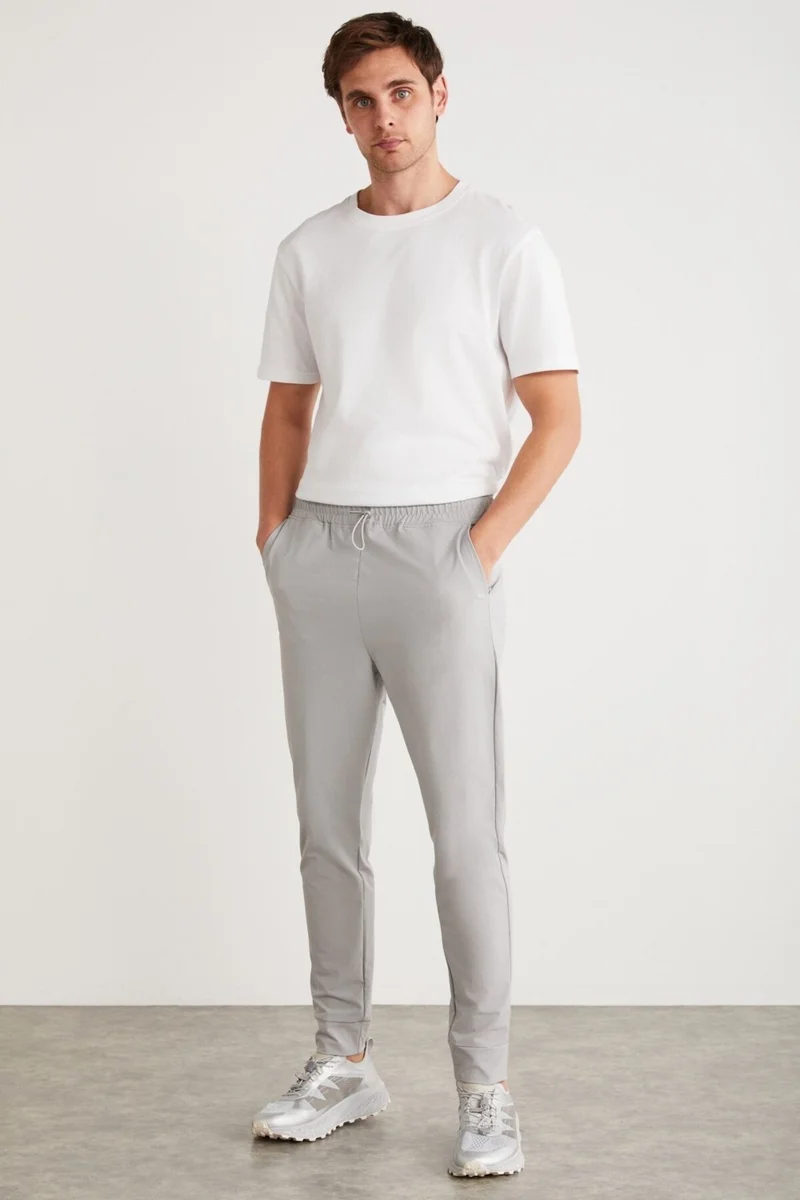 GRIMELANGE Crıstıan Men's Technical Fabric Gray Sweatpants with Elastic Waist and Stopper Detail