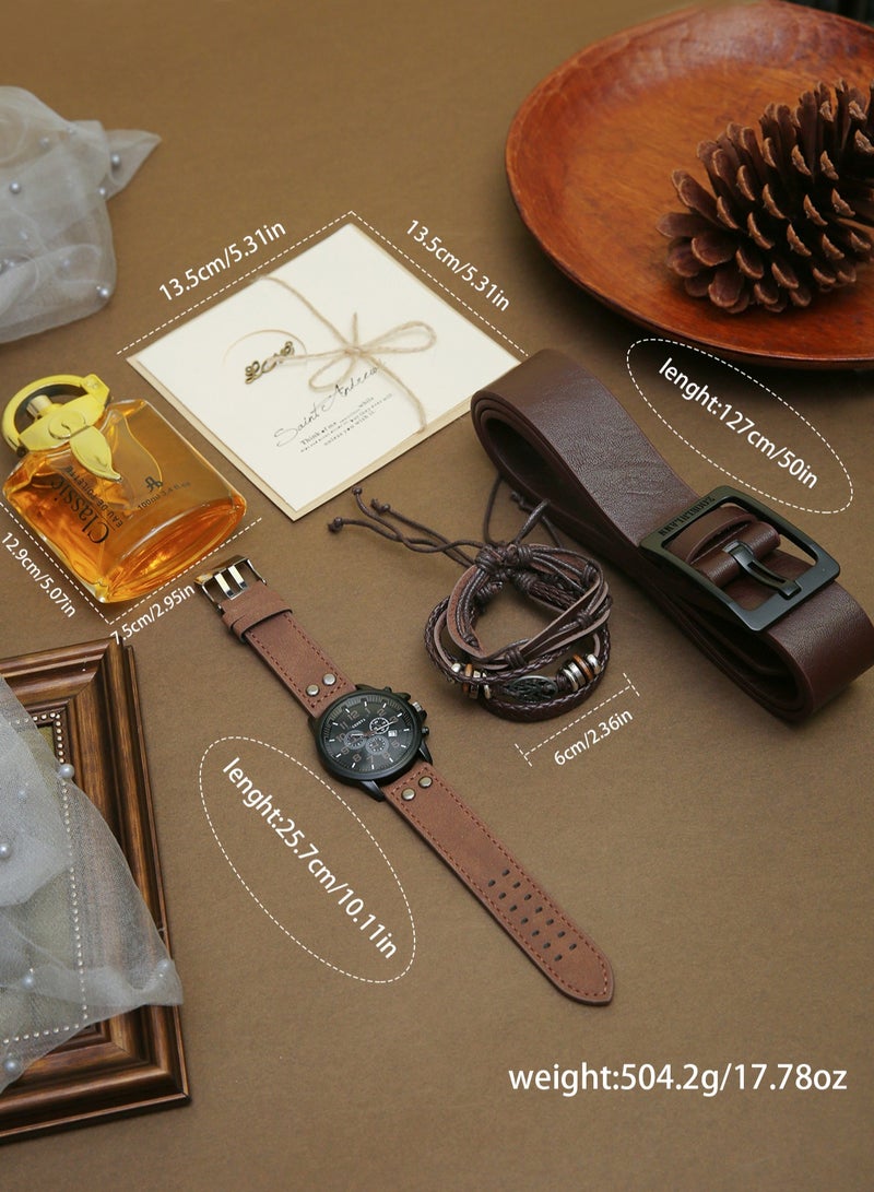 Luxury gentleman elegant men's watch set, fashionable hand with perfume, bracelet and belt, gift box packaging with greeting cards, suitable for giving him the perfect holiday birthday gift - Image 2