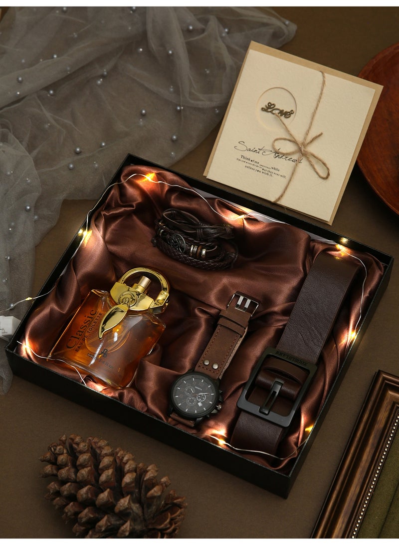 Luxury gentleman elegant men's watch set, fashionable hand with perfume, bracelet and belt, gift box packaging with greeting cards, suitable for giving him the perfect holiday birthday gift - Image 1