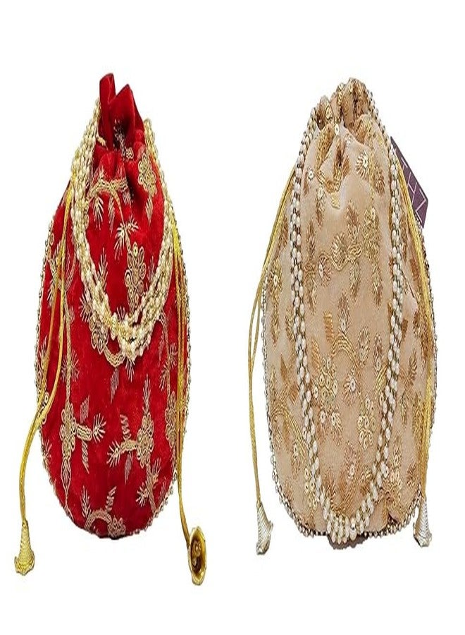 ATHZ Wedding gifting potli combo set of 2 || stylish shagun potli in velvet feel floral design fabric with sequins design of flower pattern (Red, Gold, Beige) - Image 1