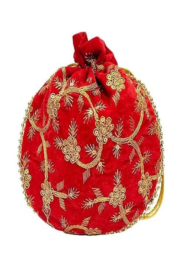 ATHZ Wedding gifting potli combo set of 2 || stylish shagun potli in velvet feel floral design fabric with sequins design of flower pattern (Red, Gold, Beige) - Image 5