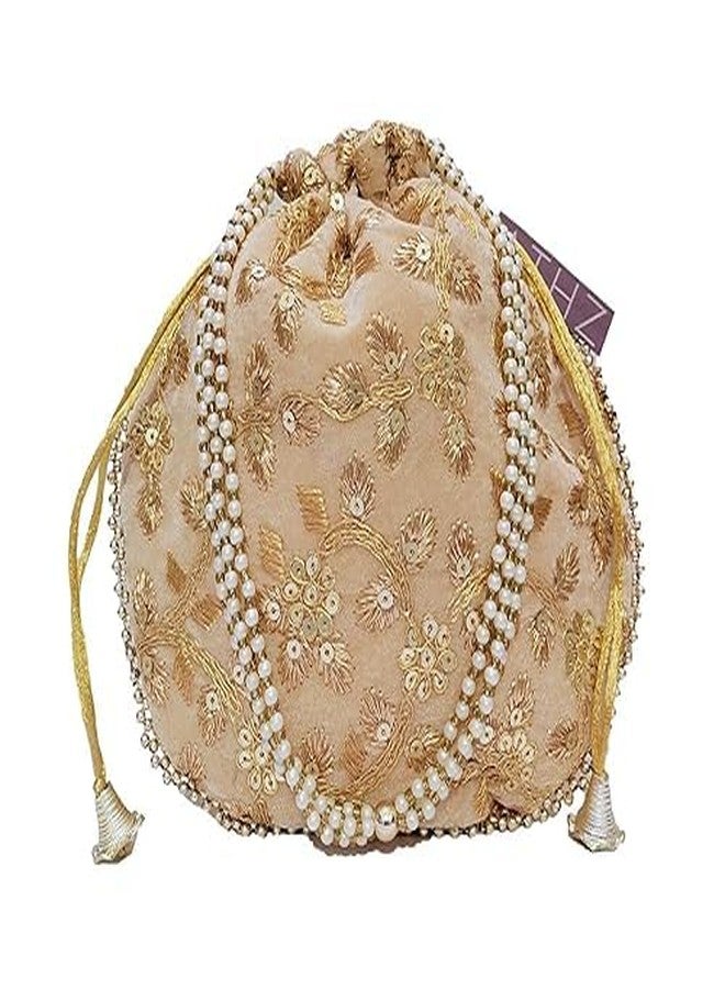 ATHZ Wedding gifting potli combo set of 2 || stylish shagun potli in velvet feel floral design fabric with sequins design of flower pattern (Red, Gold, Beige) - Image 3