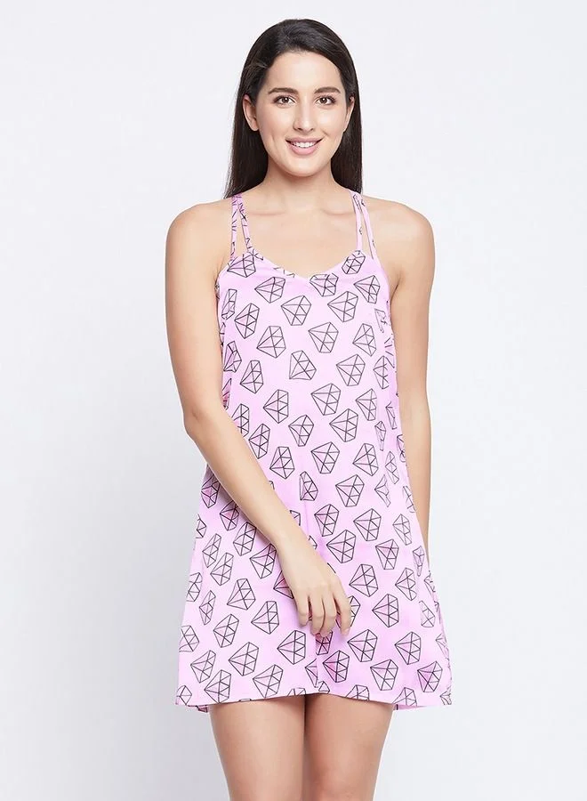 كلوفيا Clovia Diamond Print Short Nightdress in Pink - Satin