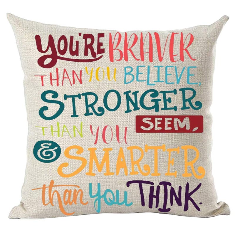 Ramirar Colorful Word Art Quote Youre Braver Than You Believe Stronger Smarter Inspirational Decorative Throw Pillow Cover Case Home Living Room Bed Sofa Car Cotton Linen Square 18 x 18 Inches