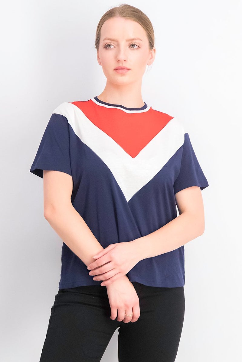 UNDIZ Women Round Neck Short Sleeve Colorblock Top, Navy Combo - Image 1