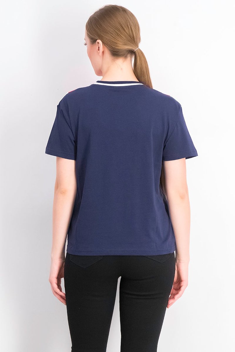UNDIZ Women Round Neck Short Sleeve Colorblock Top, Navy Combo - Image 4