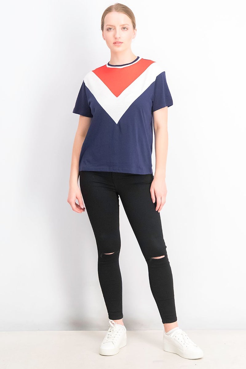 UNDIZ Women Round Neck Short Sleeve Colorblock Top, Navy Combo - Image 3