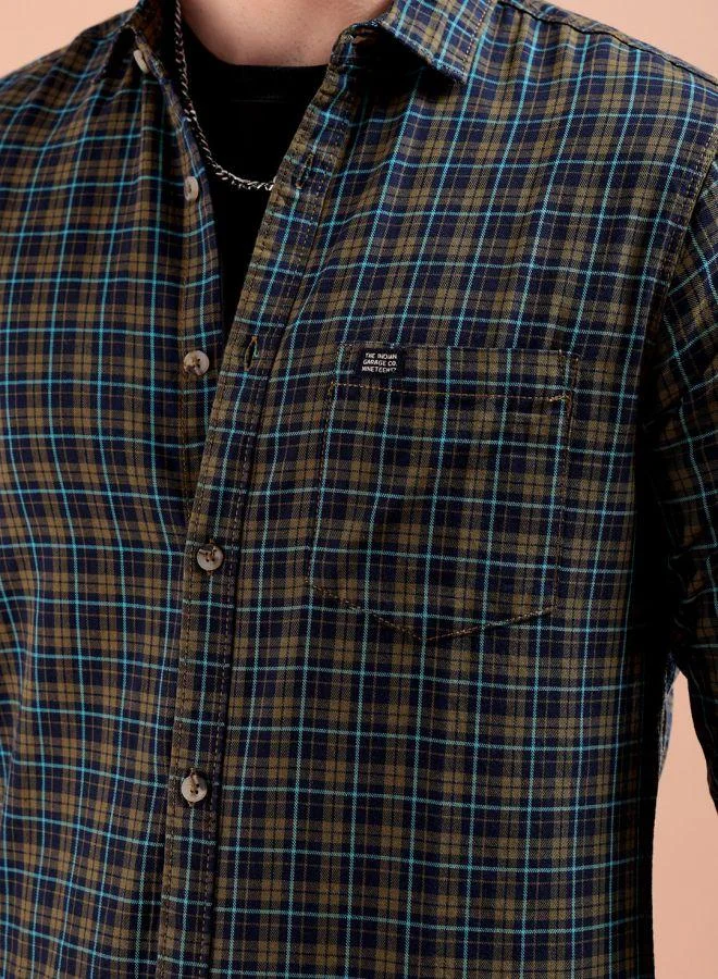 شركة المرآب الهندية Men Slim Fit Checkered Full Sleeves Spread Collar Casual Shirt