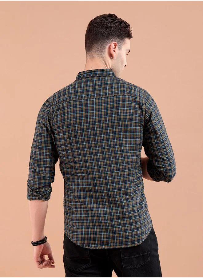 شركة المرآب الهندية Men Slim Fit Checkered Full Sleeves Spread Collar Casual Shirt
