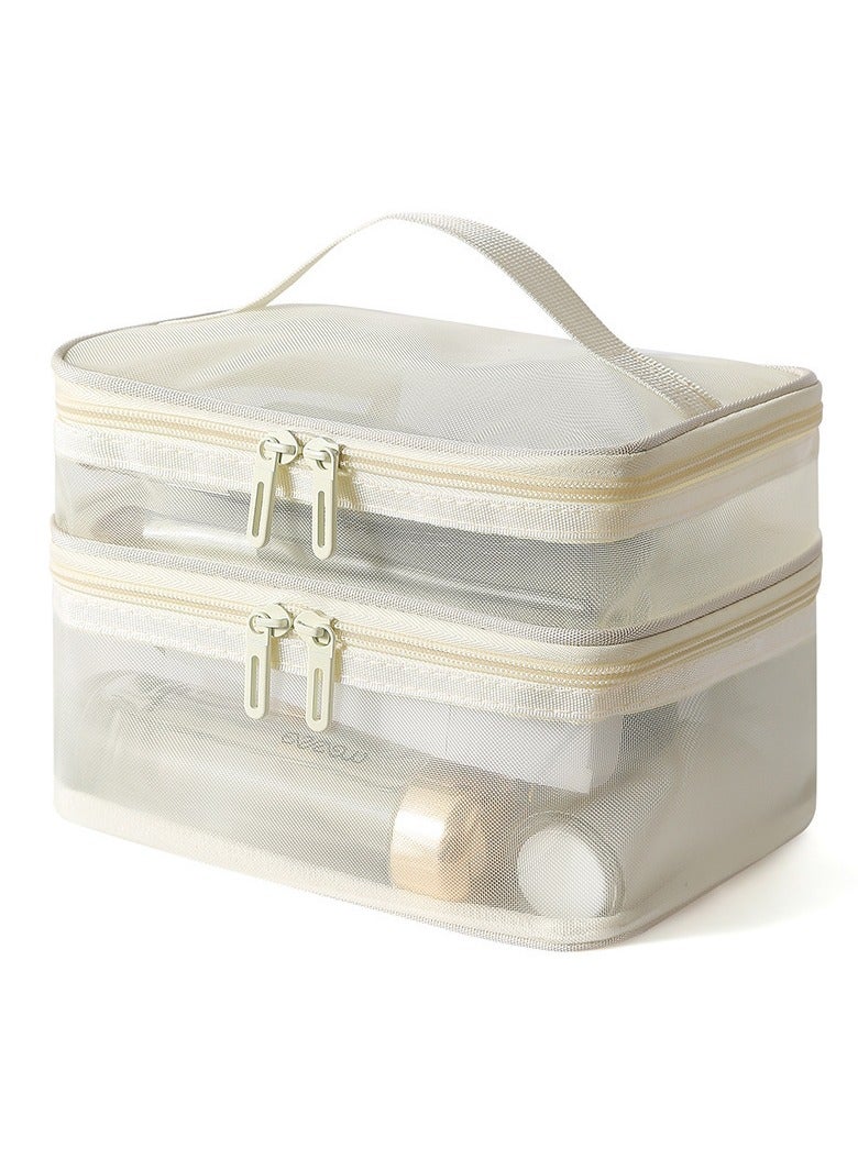 حقيبة مكياج للسفر بطبقتين، حقيبة مستحضرات تجميل شبكية، حقيبة أدوات تجميل كبيرة للنساء، منظم حقيبة مكياج بمقبض. - Image 1