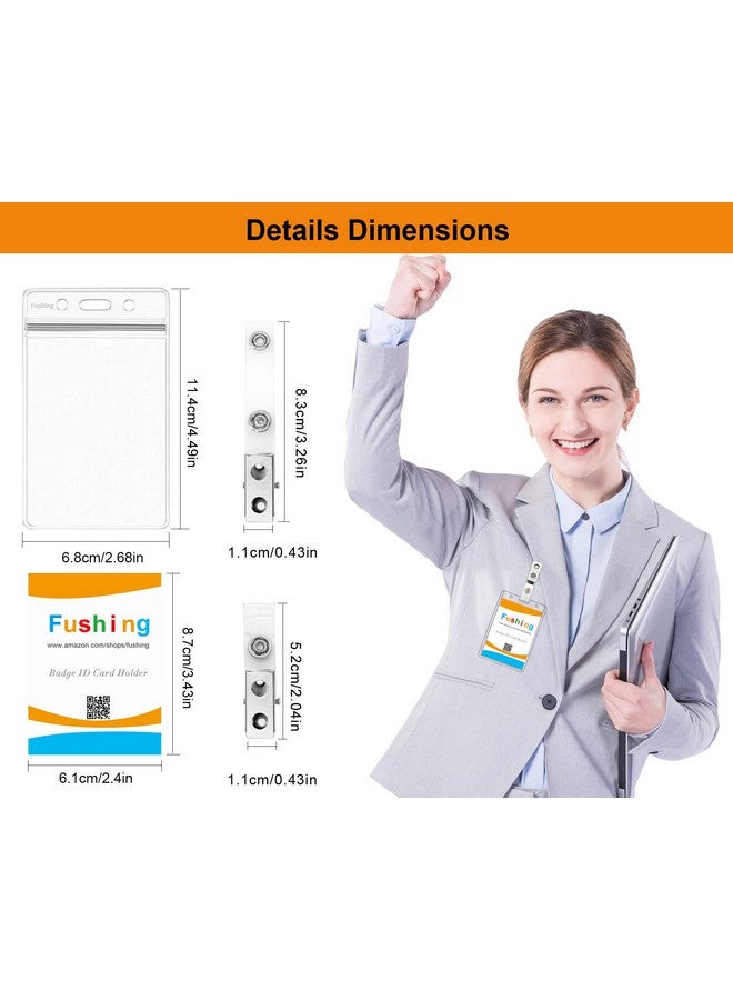 Fushing 100Pcs Clear Plastic Vertical Name Tags Badge Id Card Holders And 100Pcs Metal Badge Clips With Clear Pvc Straps - Image 2