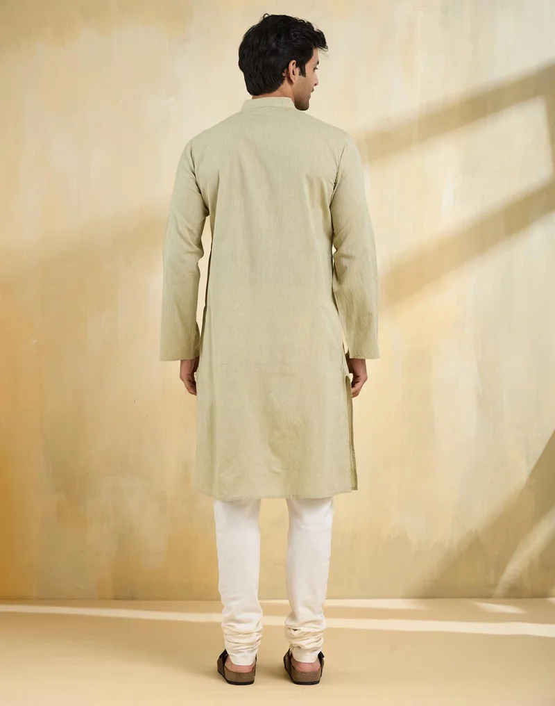 Fabindia Green Cotton Chikankari Slim Fit Long Kurta