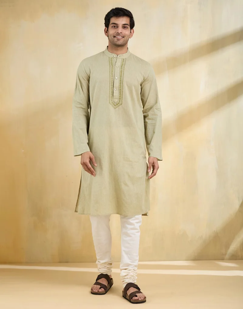 Fabindia Green Cotton Chikankari Slim Fit Long Kurta