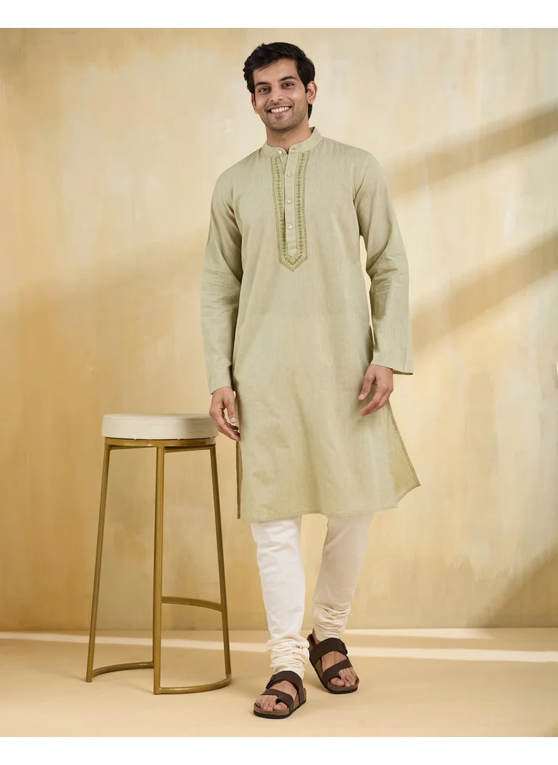 فاب انديا Green Cotton Chikankari Slim Fit Long Kurta