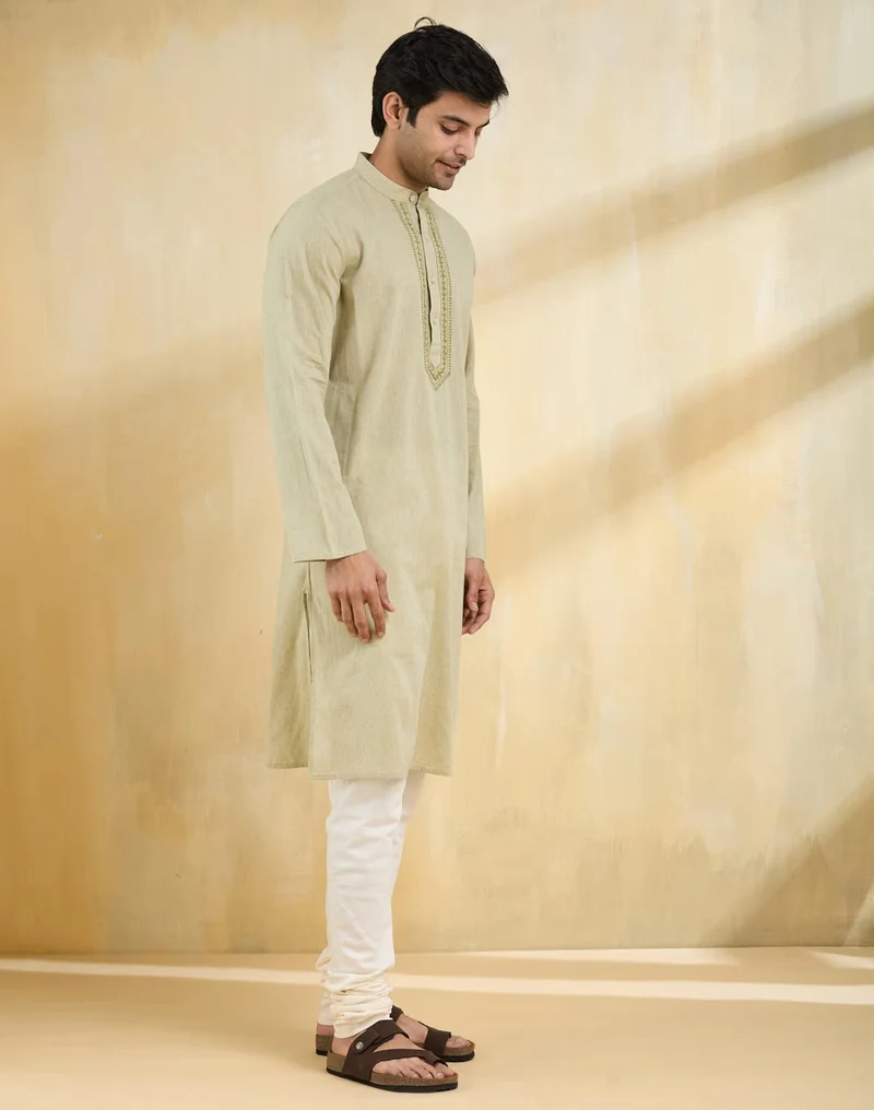 Fabindia Green Cotton Chikankari Slim Fit Long Kurta