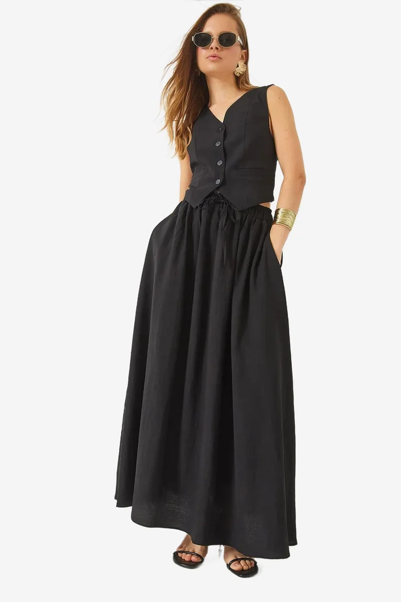 Bianco Lucci LUCCI V-Neck Vest and Maxi Skirt Two-Piece Coord Set