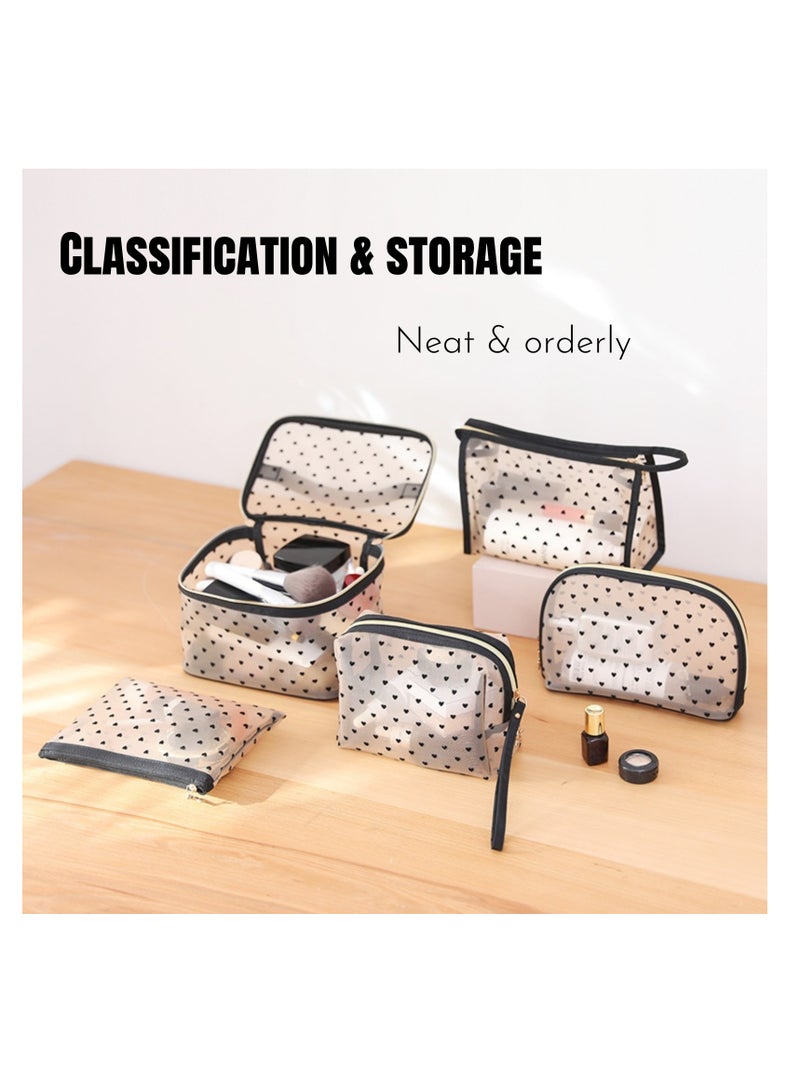 نوفولان مجموعة من 5 قطع من حقيبة مكياج شبكية، حقيبة مستحضرات تجميل شفافة للنساء والفتيات، حقيبة أدوات تجميل محمولة على شكل قلب، منظم مكياج للسفر بسعة كبيرة، 5 أحجام لتلبية احتياجات السفر المختلفة - Image 2