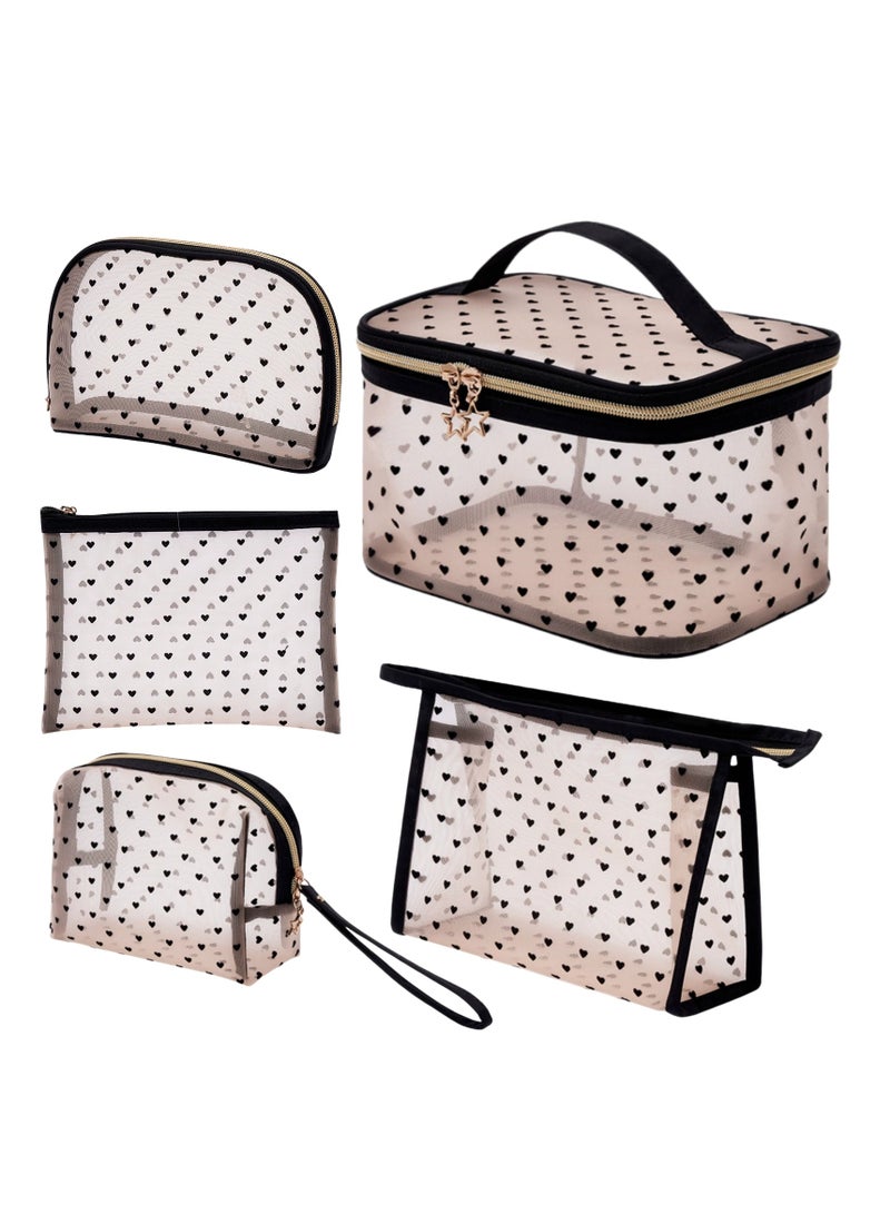 نوفولان مجموعة من 5 قطع من حقيبة مكياج شبكية، حقيبة مستحضرات تجميل شفافة للنساء والفتيات، حقيبة أدوات تجميل محمولة على شكل قلب، منظم مكياج للسفر بسعة كبيرة، 5 أحجام لتلبية احتياجات السفر المختلفة - Image 1