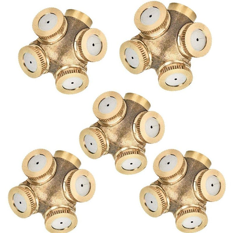 CoscosX 5 Pcs 4-Hole Brass Misting Nozzles High Pressure Atomizing Misting Sprayer Water Hose Nozzle for Greenhouse,Landscaping,Dust Control,Outdoor Cooling,0.06" Orifice (1.5 mm),DN15(1/2") Fitting Adapter - Image 1