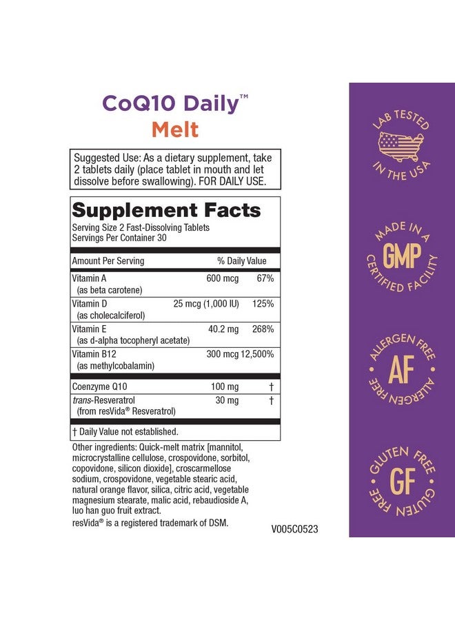 Purity Products CoQ10 Daily with Resveratrol Melt 100mg CoQ10-30mg Trans-Resveratrol - Vitamin A, D3, E, and B12 (as methylcobalamin) - 60 Fast Dissolving Tablets - Image 2