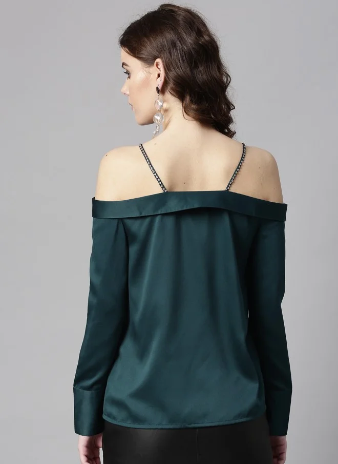 STREET 9 Green Satin Finish Bardot Top for Women